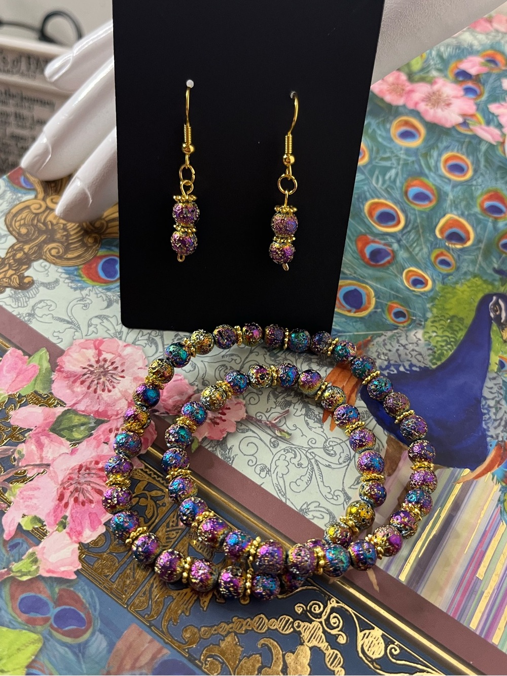 Rainbow Druzy Bracelet & Earrings Set Gold Accents Handmade Sparkle Jewelry